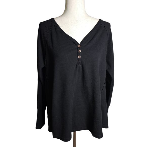 Womens Black Textured Raw Hem 3 Button Rounded Hem Shirt Top Size Large - Picture 1 of 10